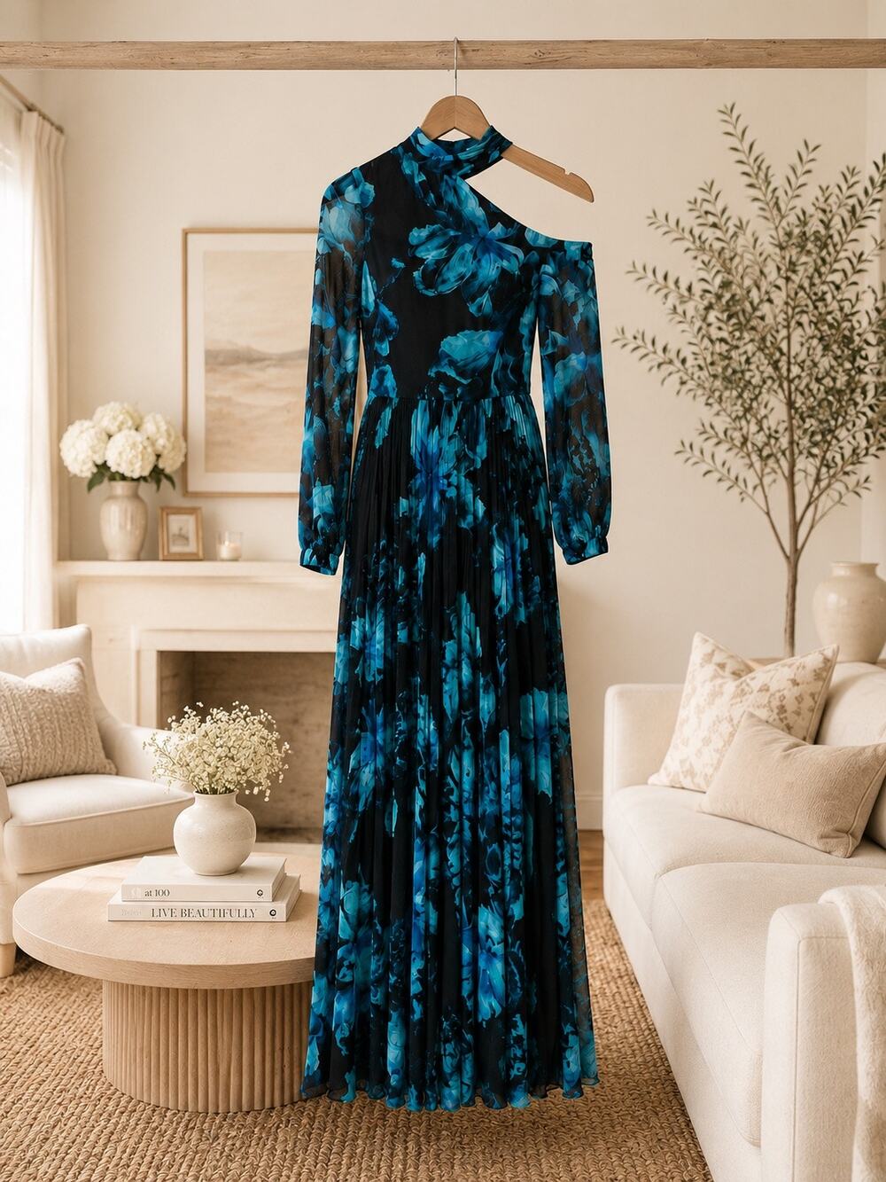 XSCAPE Black Teal Floral Pleated Maxi Gown Mock Neck Cutout Formal Dress 6 NWT